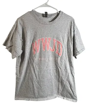 Gildan Ultra Cotton Unisex Size Large T-Shirt Gray Light Pink WWJD He Would Love thumbnail 1
