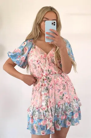 For Love & Lemons Love Colette Floral Tiered Ruffle Tie Waist Lace Hem Dress thumbnail 1