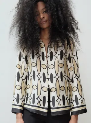 ZARA Tan Black Button Down Long Sleeve Shirt Geometric Print Women's size Small thumbnail 1