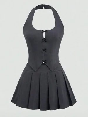 SHEIN Dark Gray Halter Pleated Mini Dress with Front Bow Accents thumbnail 1