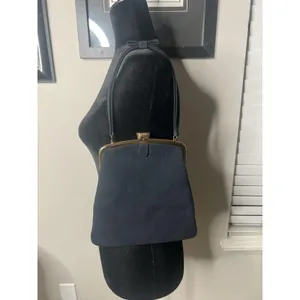 Vintage Mayer New York Handbag Purse Navy Suede Gold‎ Trim Bow Handle thumbnail 5