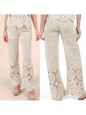 Solitaire X Anthropologie Crochet Wide Leg Pants Cream Ivory Boho Bohemian thumbnail 2