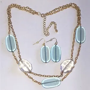 Elegant Gold Tone and Blue Necklace Earrings Jewelry Set thumbnail 2