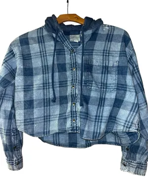 American Eagle blue plaid cropped hoodie Size M #flannel #cropped thumbnail 1