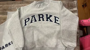 Grey Parke crewneck sweatshirt with navy lettering Size S/M Classic grey + denim thumbnail 1
