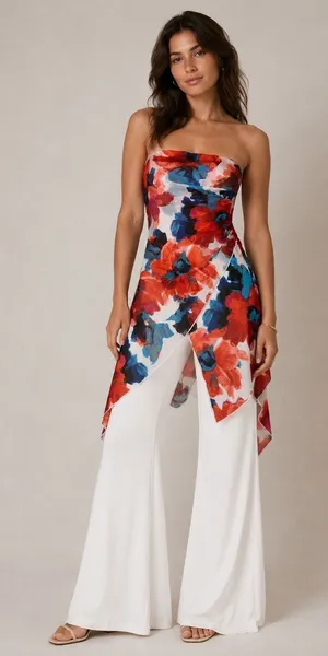 Joseph Ribkoff Floral Strapless‎ Jumpsuit Womens 4 Wide Leg Overlay Dressy thumbnail 1