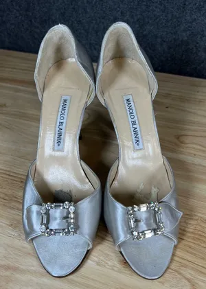 Manolo Blahnik Silver Satin Crystal Buckle Peep Toe d'Orsay Pumps Size 36.5 thumbnail 1