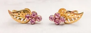 Vintage Screw On Earrings Gold Tone Leaf with Pink Gems Fall Autumn Whimsical thumbnail 1