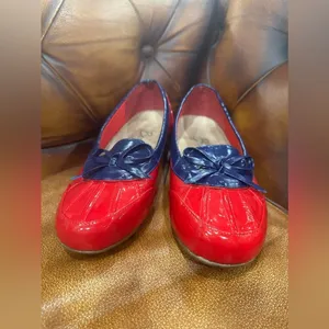 Beacon - Red and Blue Puddle Jumper Wedge Heel Patent Duck Shoes Sz 8.5 M thumbnail 2