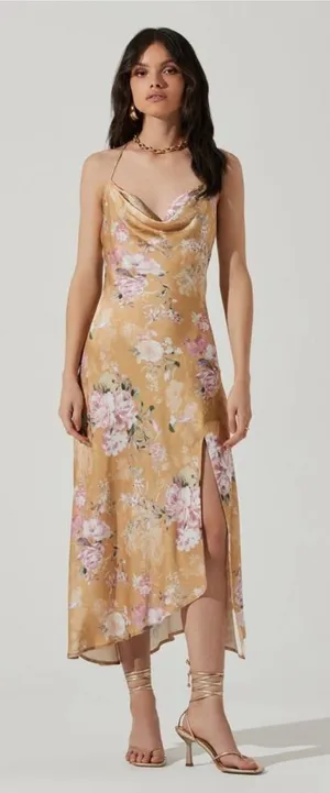 ASTR‎ the Label Gaia Dress in Mustard Floral Satin Midi Womens Size L thumbnail 1