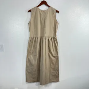 Korean Fashion Steady Seller‎ Beige Button Back Midi Dress Sleeveless Pocket thumbnail 3