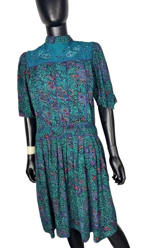Vintage Phool Paisley Midi‎ Dress Teal Purple Mock Neck Short Sleeve India M thumbnail 1
