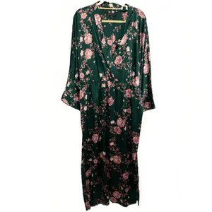 Eloquii Womens Satin Faux Wrap Dress Green Pink Floral Blossoms Kimono-Inspired thumbnail 4