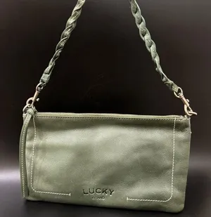 LUCKY BRAND Olive Green Genuine Leather Woven Strap Wristlet Mini Shoulder Bag thumbnail 1