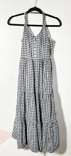 Old Navy Gingham Maxi‎ Dress Small Blue White Tiered Cottagecore Prairie thumbnail 1