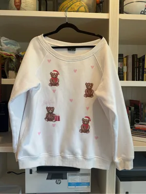 White Fox Boutique Off-Shoulder White Sweater with Teddy Bear Print thumbnail 7