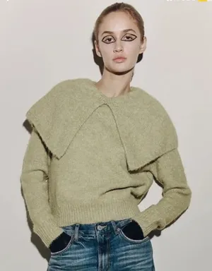 ZARA Wide Lapel Cape Collar Knit Sweater Sage Green Pullover Cottagecore Medium thumbnail 1