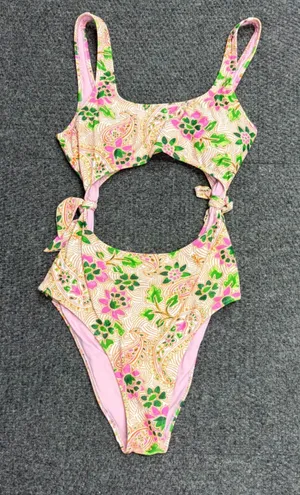Aerie Real Good One Piece Cheeky Swimsuit Pink Green Floral Paisley Cutout Med thumbnail 1