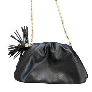 Understated Faux Leather Black Ruched Frame Clutch Pouch Handbag with Gold Chain thumbnail 1