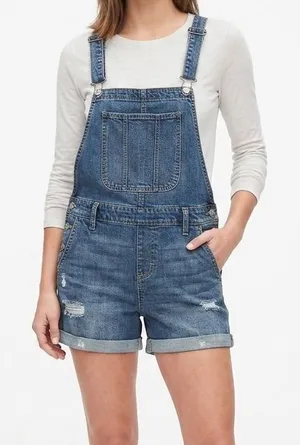 Old Navy Denim Short Overalls Women’s Size‎ Small Distressed Jean Romper thumbnail 1