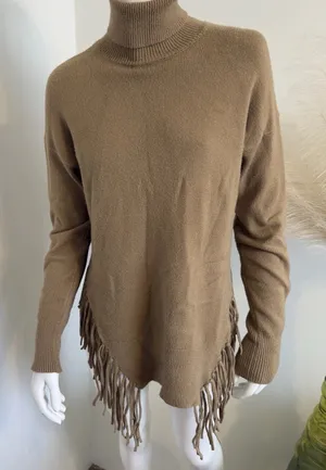 Stella + Lorenzo Women’s Sweater Fringe Hem Turtleneck Tan Boho Knit Size S thumbnail 1