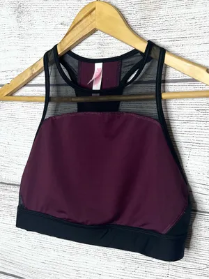 VS PINK Burgundy Crop Top Sports Bra Unlined Racerback Spell Out Logo Size Large thumbnail 4