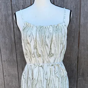 S Deer Shabby Chic Spaghetti Strap Cream & Green Print Elegant Maxi Dress Size L thumbnail 3