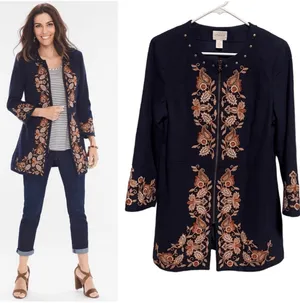 Chico’s Navy Blue Floral Embroidered Detail Jacket Size Medium thumbnail 2