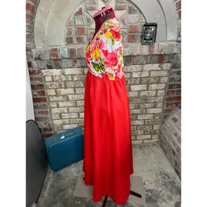 maxi Dress empire waist puff sleeve floral red yellow green 1970s thumbnail 3