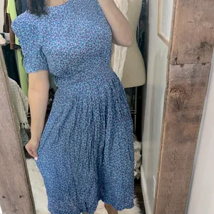 Karin Stevens vintage Blue Floral Midi Dress size 14 smocked waist thumbnail 2
