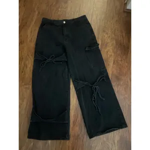 CIDER Baggy Wide Leg Jeans w Tie Details High Rise Black Size Large L Cargo Y2K thumbnail 9