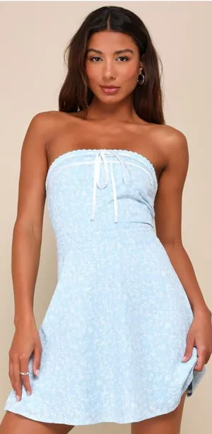 Lulus Precious Babe Light Blue Floral Ribbon Strapless Mini Dress thumbnail 1