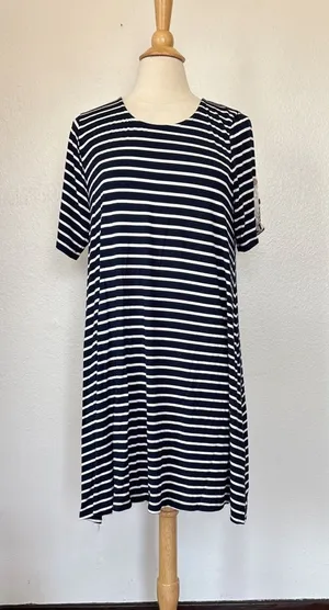 Exist Navy Blue & White Short Sleeve Striped Crochet Accent Button Back T-Shirt Dress thumbnail 1