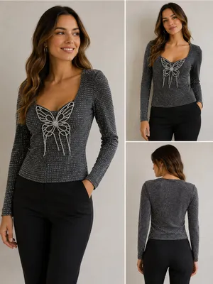 Pastel Rhinestone Butterfly Glitter Long Sleeve Evening Top size L thumbnail 2