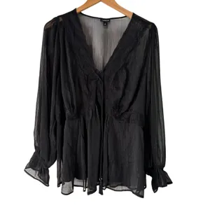 Torrid Black Sheer Long Sleeve Blouse V Neck‎ Peplum Tassel Tie Plus Size thumbnail 7