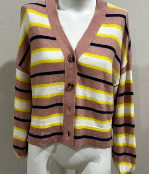 Ann Taylor pink striped button up cardigan thumbnail 1