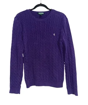 Lauren Ralph Lauren Purple Cable Knit Crewneck Cotton Sweater XL thumbnail 1