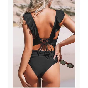 Black Ruffle One‎ Piece Swimsuit Women's Medium Deep V Lace Up Back NEW thumbnail 2