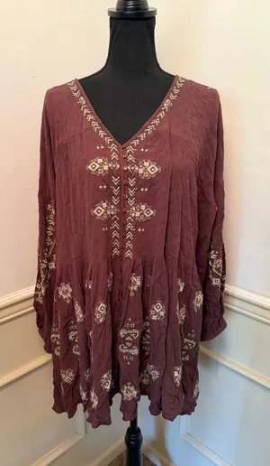 NWT Free People Arianna Embroidered Peasant Mini Tunic Top Bark Brown Boho thumbnail 1