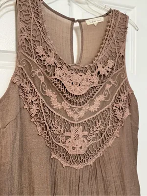 Indigo Soul Muted Mauve Crochet Lace Yolke Bohemian Sleeveless Summer Dress L thumbnail 3