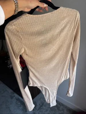 NWT: Lulus Stelly Shiny Light Beige Velvet Textured Long Sleeve Bodysuit thumbnail 9