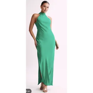 MESHKI Claire Satin Drape Back Maxi Dress in emerald green Size Medium thumbnail 2