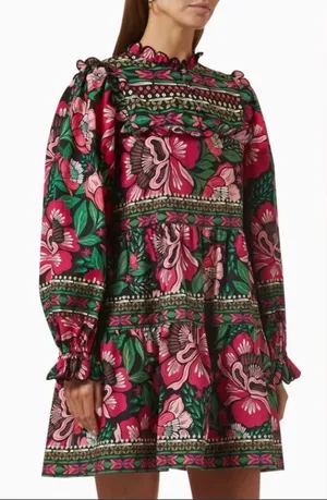 NWOT Farm Rio Floral Tiered Mini Dress - Pink & Green Size S thumbnail 1