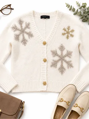 33 Degrees Ivory Snowflake Eyelash Knit Cardigan Gold Buttons Women’s Medium EUC thumbnail 11