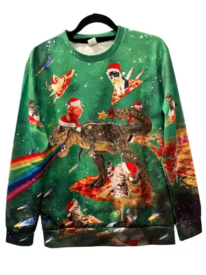 Funny Laser T-Rex Cat Pizza Pig Surf Space Ugly Christmas Sweater Unisex Size M thumbnail 1