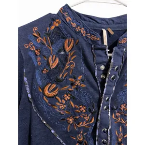 Free People Sundance Kid Embroidered Western Henley Top Navy Women's‎ Size XS thumbnail 8