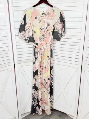 Bar III Floral Boho Faux Wrap Dolman Sleeve Maxi Dress Peach Black Multi XS thumbnail 8