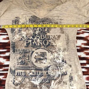 2000s Y2K V-neck fitted gothic grunge whimsygoth graphic tee long top shirt blouse henley short sleeve tan beige cream brown black #streetwear Size S-measurement in pics thumbnail 5