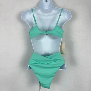 Halara Bikini Set Womens Small Ribbed Crossover High Waist Mint Green thumbnail 3