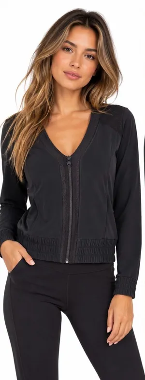 Lucy Black Supplex Nylon Blend Stretch Mesh Zip Front Jacket Size L thumbnail 1